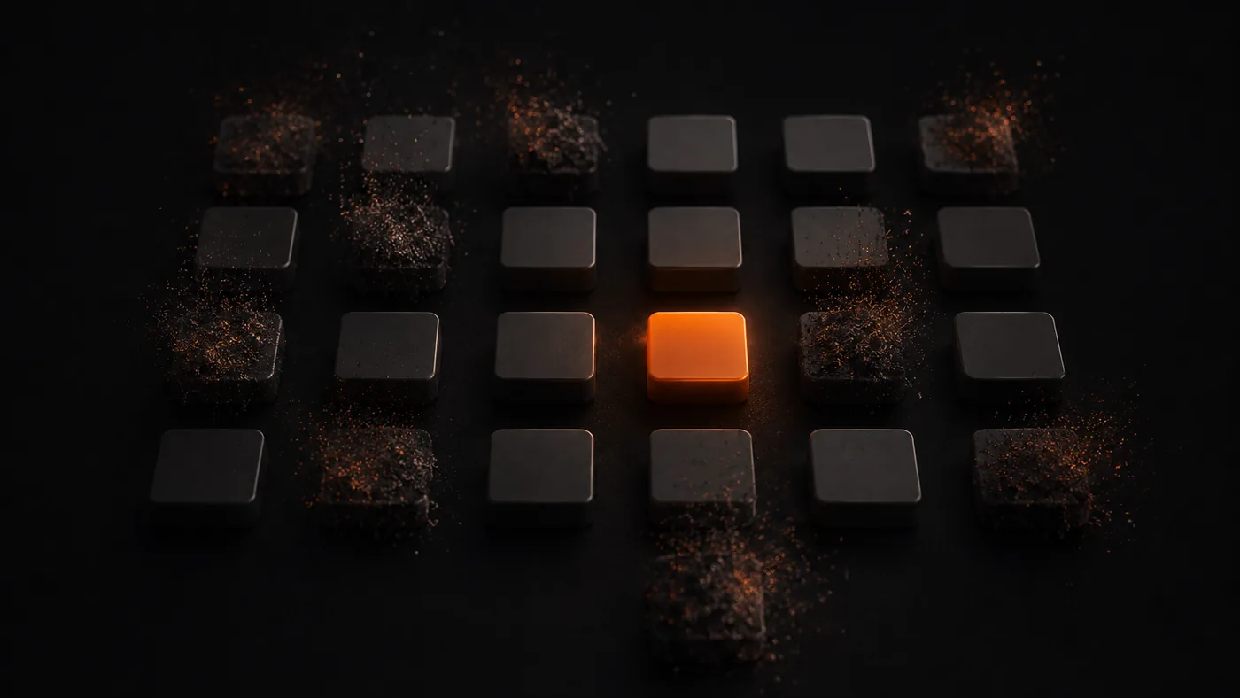 A grid of seller tiles with unauthorized ones dissolving away, leaving one lit.